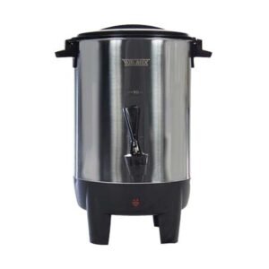 CAFETERA INDUSTRIAL DE 3 LITROS 20 TAZAS. TENSION 220 V 50 HZ POTENCIA 1100 W DOBLE PARED DE ACERO INOXIDABLE APTA PARA CAFÉ, TE, MATE COCIDO, AGUA CALIENTE. APAGADO AUTOMATICO. TEMPERATURA CONTROLADA POR VAPOR. INTERIOR DE ACERO INOXIDABLE. FILTRO DE CAFE REMOVIBLE. GRIFO SIN GOTERAS BIDIRECCIONAL. INDICADOR DE NIVEL DE LIQUIDOS. DOBLE INDICADOR LUMINOSO PARA CALENTADO Y MANUTENCION DE TEMPERATURA.